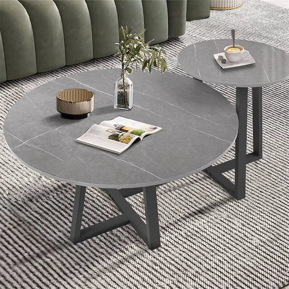 Round Modern Marble Nesting Coffee Set of 2, Stacking Living Room Accent Tables Furniture Sintered Stone Tabletop End Table