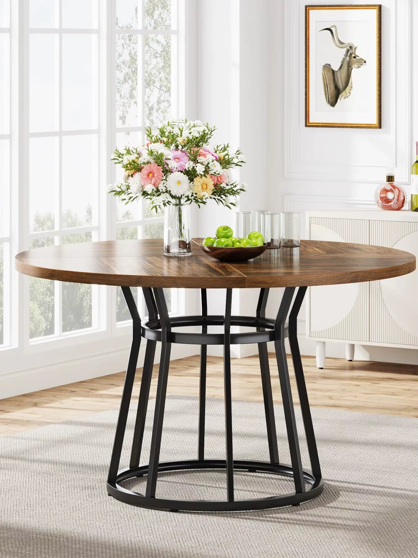 round Dining Table for 4 People, Circle Dining Room Table with Metal Base, 47.2-Inch round Kitchen Dinner Table