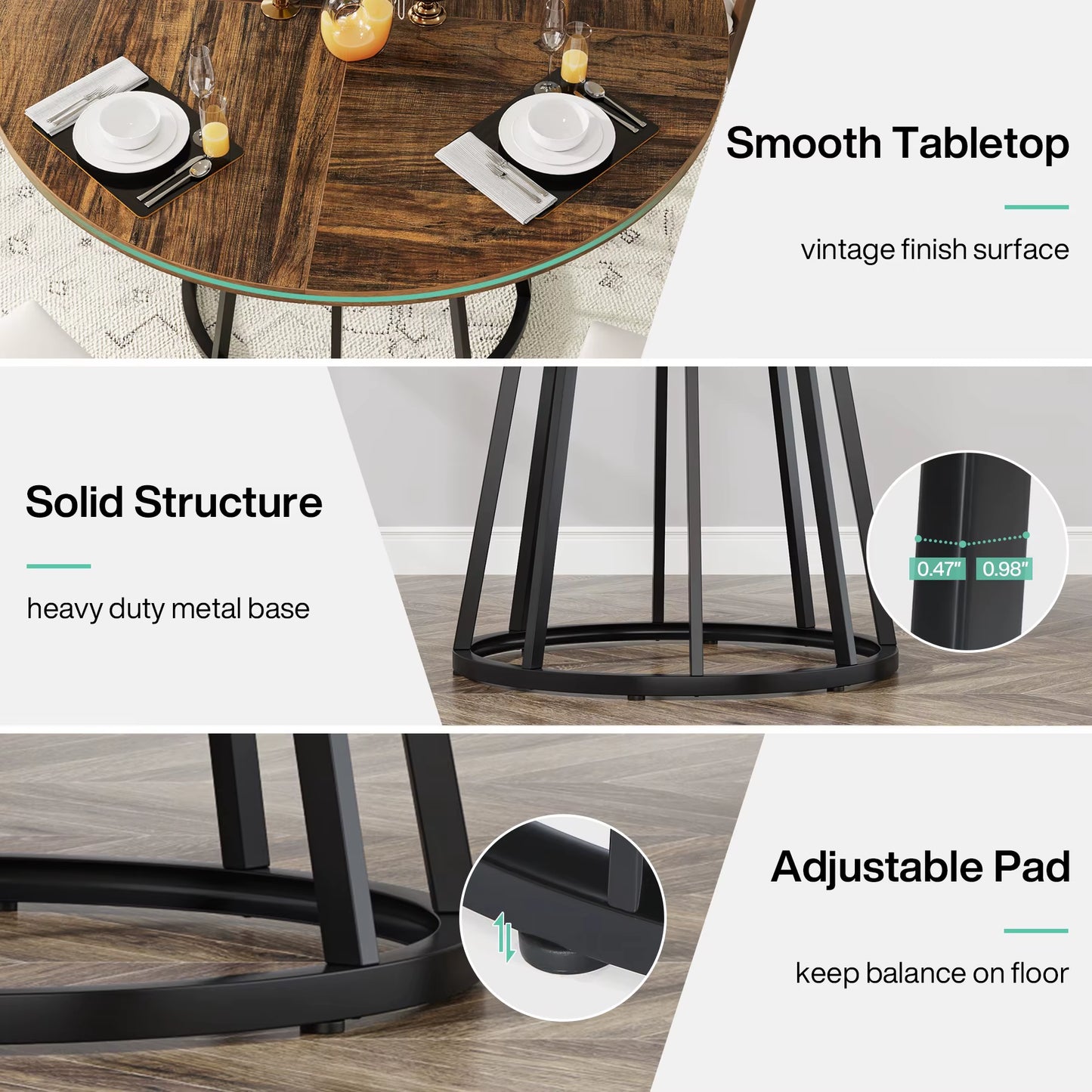 round Dining Table for 4 People, Circle Dining Room Table with Metal Base, 47.2-Inch round Kitchen Dinner Table