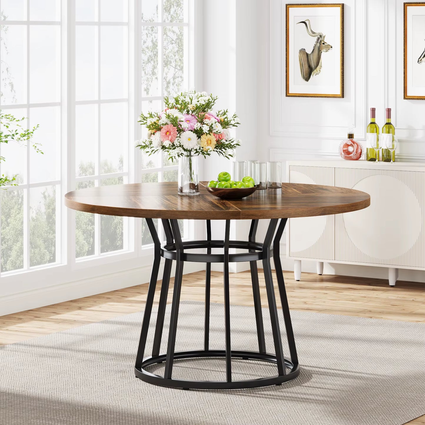 round Dining Table for 4 People, Circle Dining Room Table with Metal Base, 47.2-Inch round Kitchen Dinner Table