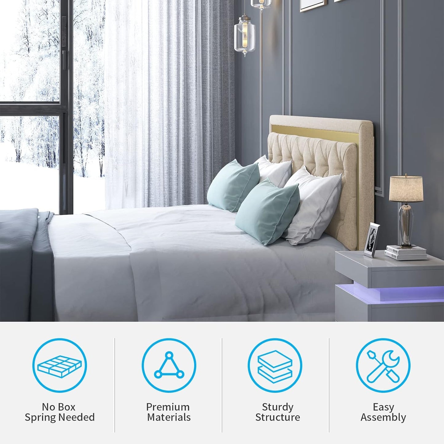 King Size Bed Frame, Upholstered Mattress Frame with Adjustable Headboard, Thin Velvet Bed Frame with Button Tufted Headboard for Bedroom (Beige)