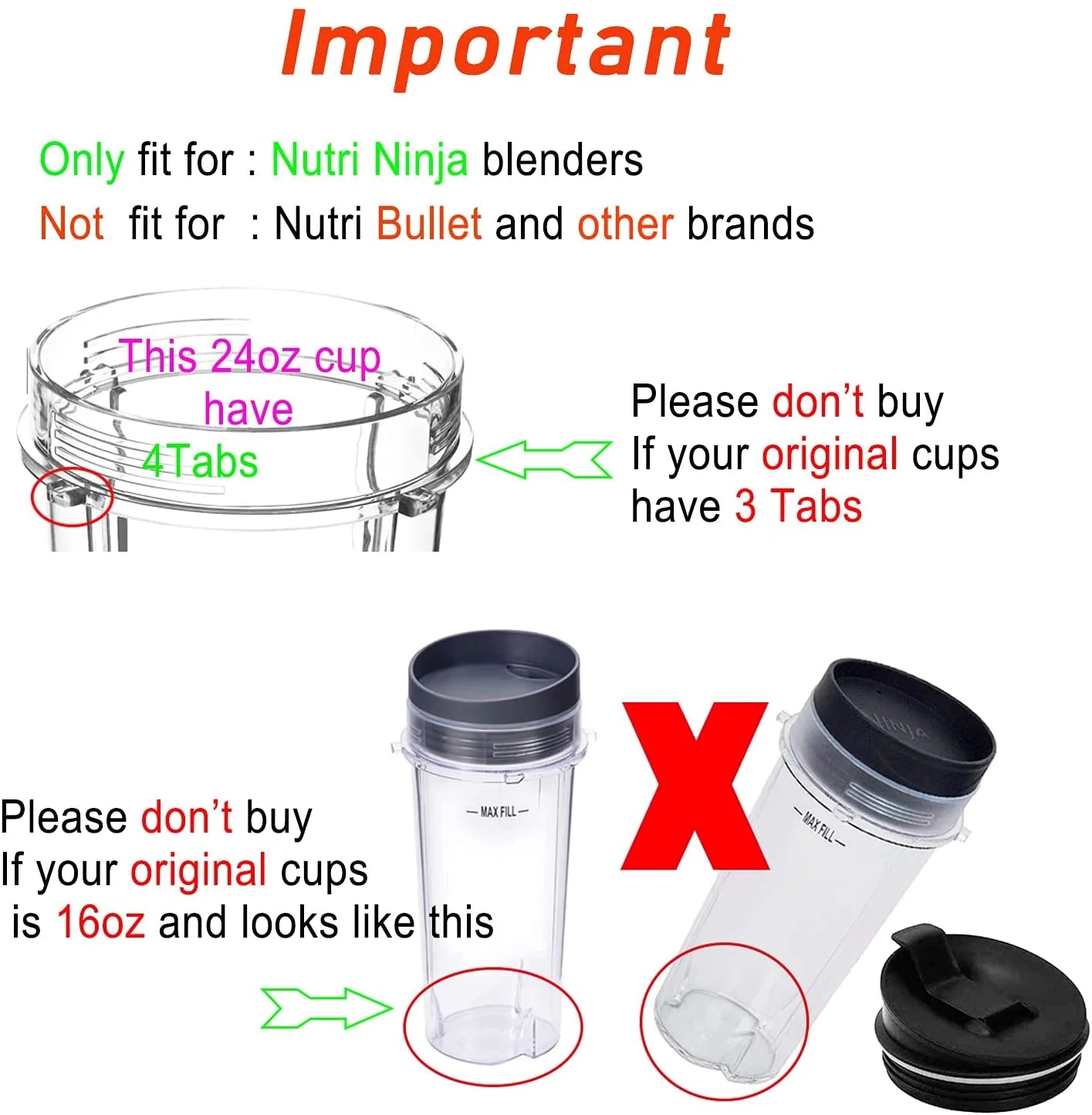 24Oz Replacement Blender Cup, BPA Free, for Nutri Ninja Auto IQ, 2 Pack