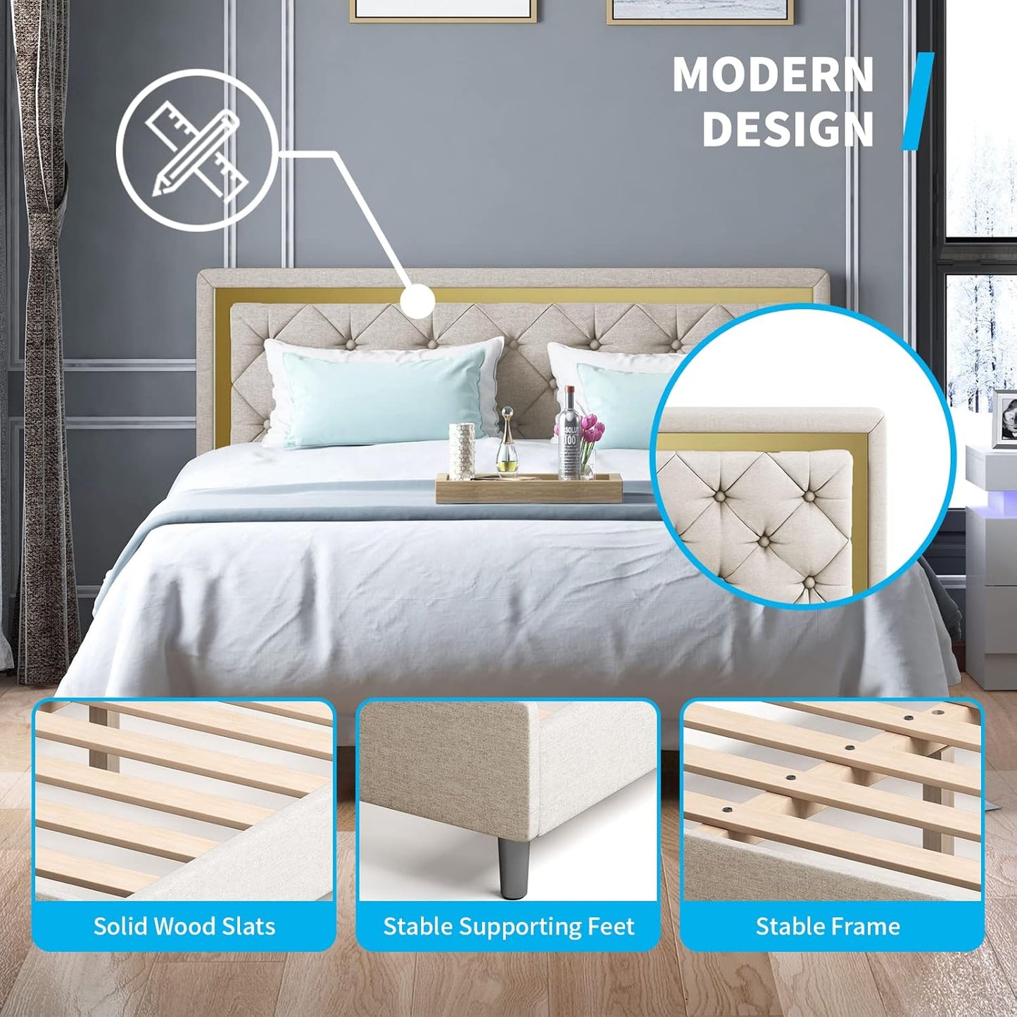 King Size Bed Frame, Upholstered Mattress Frame with Adjustable Headboard, Thin Velvet Bed Frame with Button Tufted Headboard for Bedroom (Beige)