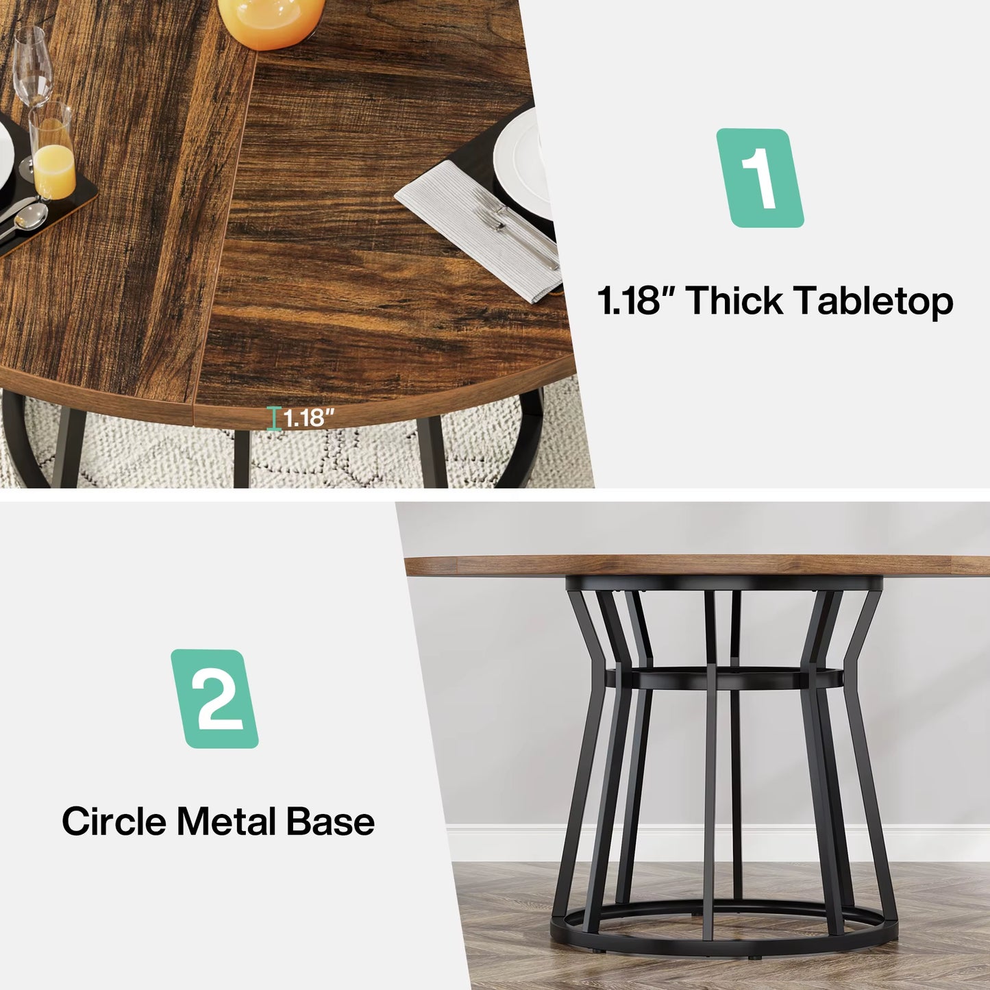 round Dining Table for 4 People, Circle Dining Room Table with Metal Base, 47.2-Inch round Kitchen Dinner Table