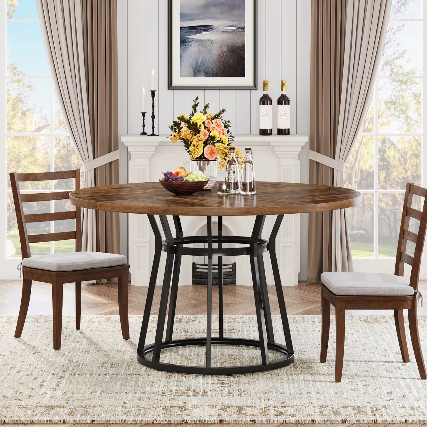 round Dining Table for 4 People, Circle Dining Room Table with Metal Base, 47.2-Inch round Kitchen Dinner Table