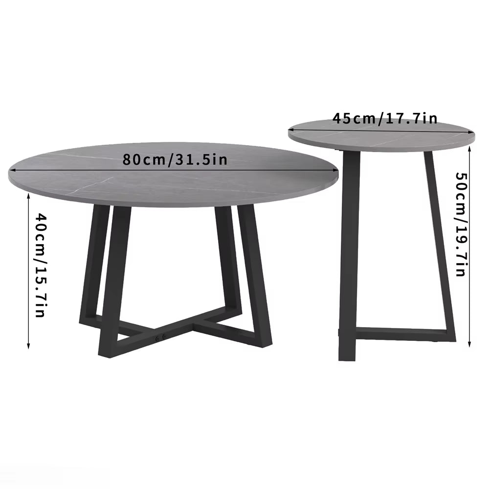 Round Modern Marble Nesting Coffee Set of 2, Stacking Living Room Accent Tables Furniture Sintered Stone Tabletop End Table