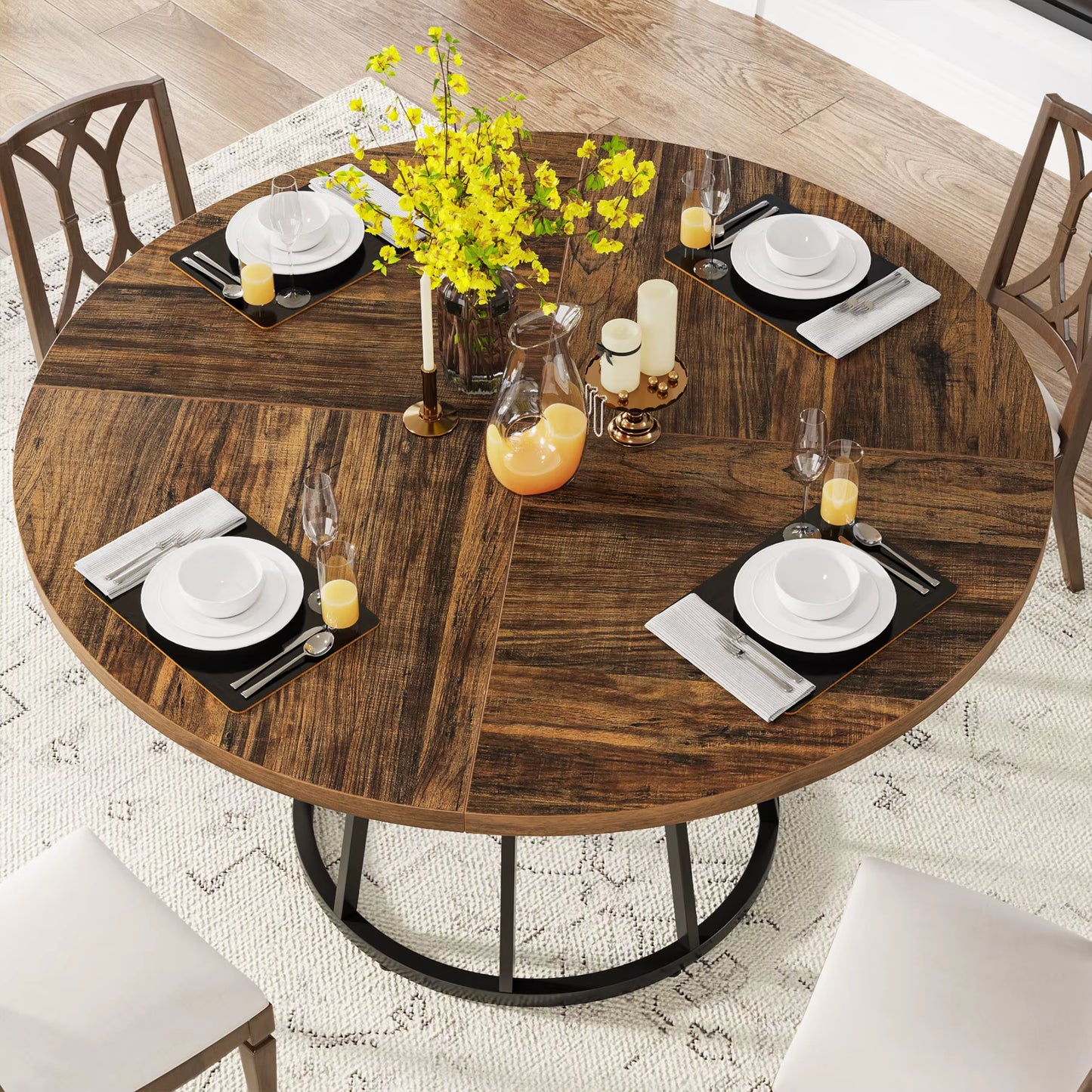 round Dining Table for 4 People, Circle Dining Room Table with Metal Base, 47.2-Inch round Kitchen Dinner Table