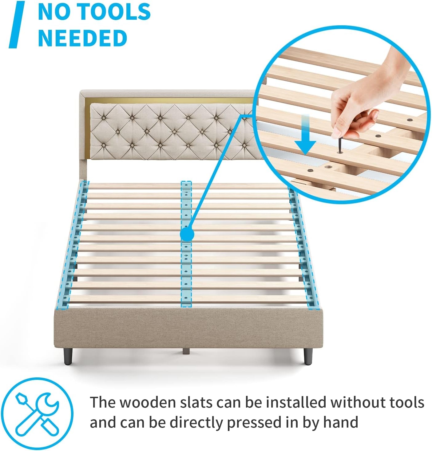King Size Bed Frame, Upholstered Mattress Frame with Adjustable Headboard, Thin Velvet Bed Frame with Button Tufted Headboard for Bedroom (Beige)