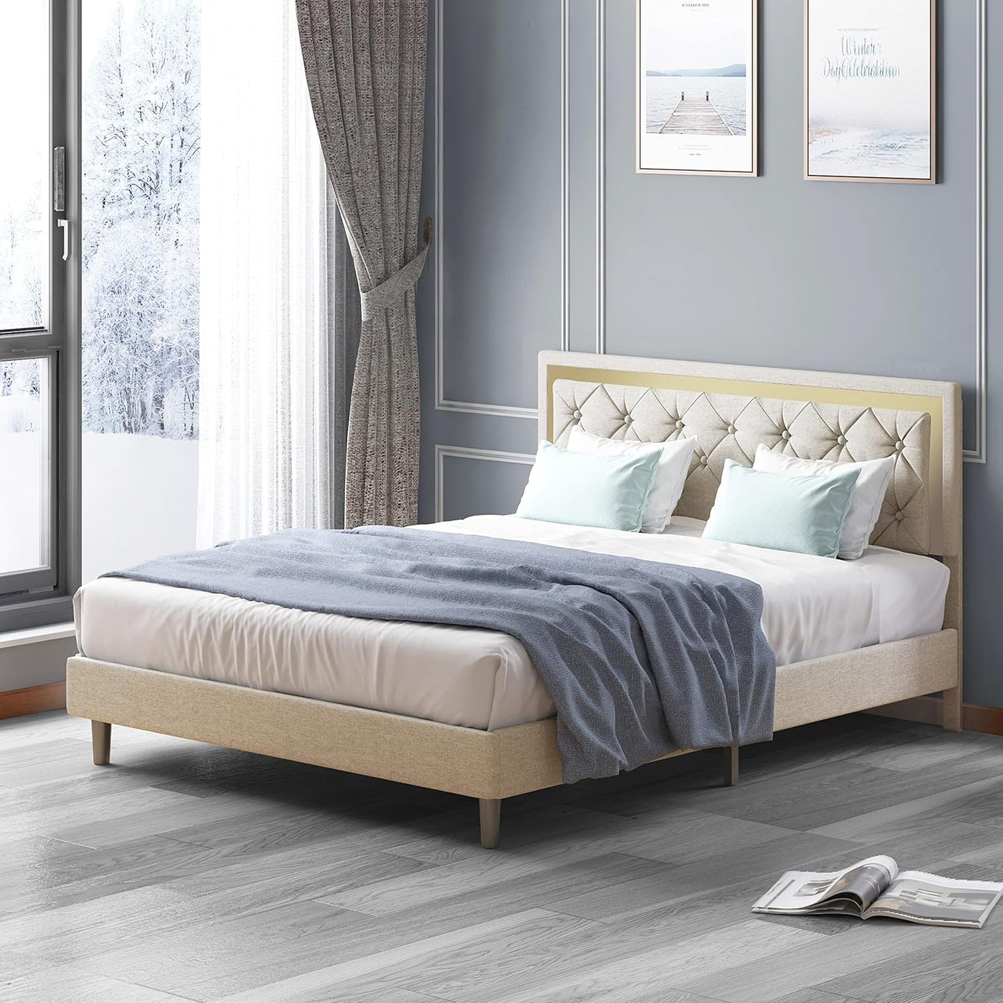 King Size Bed Frame, Upholstered Mattress Frame with Adjustable Headboard, Thin Velvet Bed Frame with Button Tufted Headboard for Bedroom (Beige)
