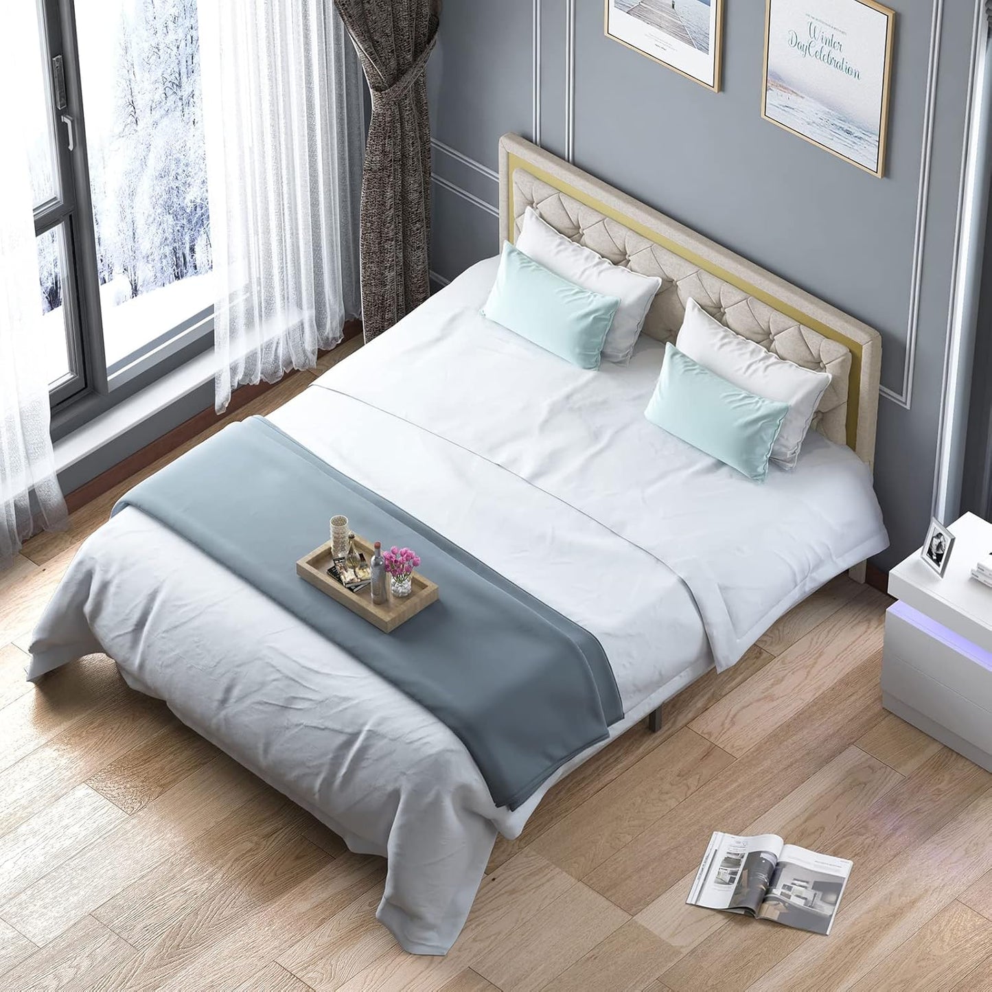 King Size Bed Frame, Upholstered Mattress Frame with Adjustable Headboard, Thin Velvet Bed Frame with Button Tufted Headboard for Bedroom (Beige)