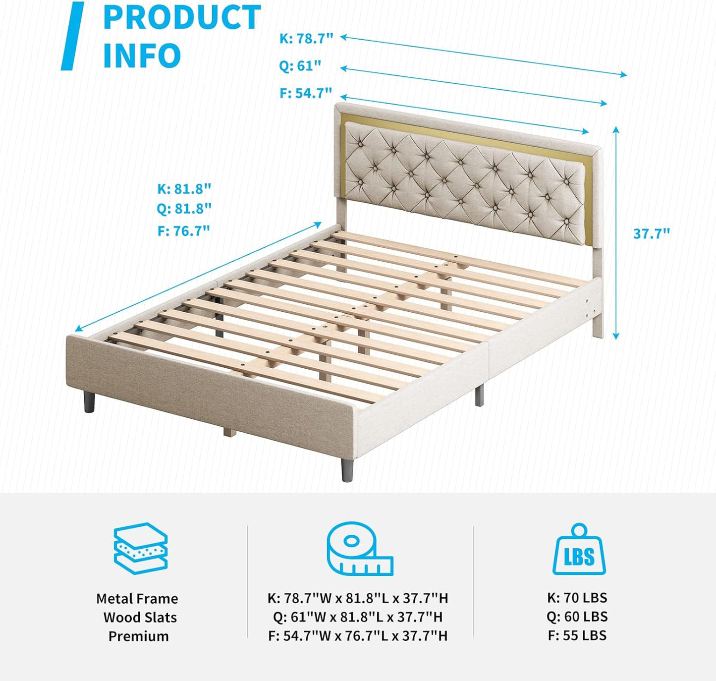 King Size Bed Frame, Upholstered Mattress Frame with Adjustable Headboard, Thin Velvet Bed Frame with Button Tufted Headboard for Bedroom (Beige)