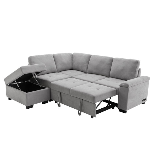 Sleeper Sectional Sofa, L-Shape Corner Couch Sofa-Bed With Storage Ottoman & USB