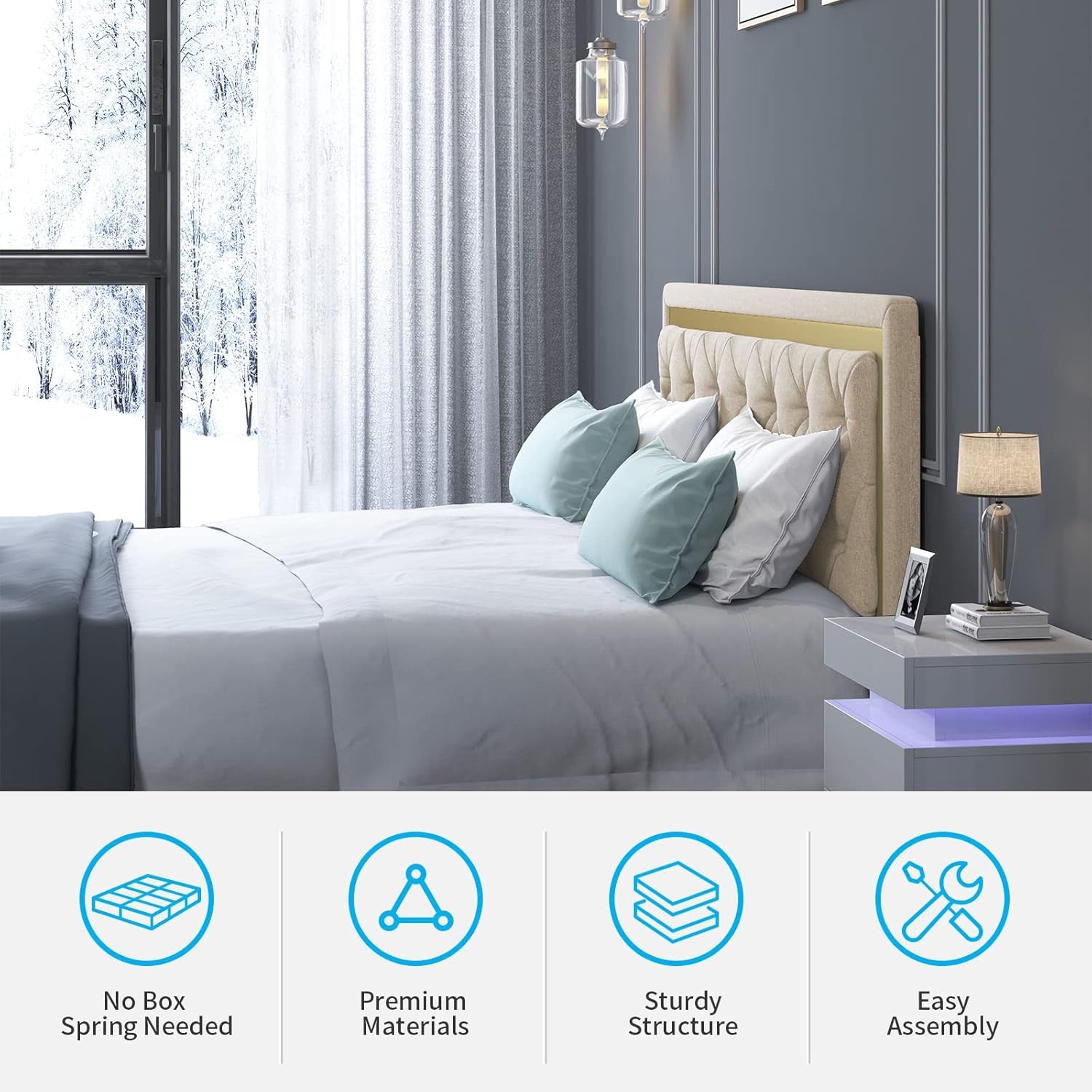 King Size Bed Frame, Upholstered Mattress Frame with Adjustable Headboard, Thin Velvet Bed Frame with Button Tufted Headboard for Bedroom (Beige)
