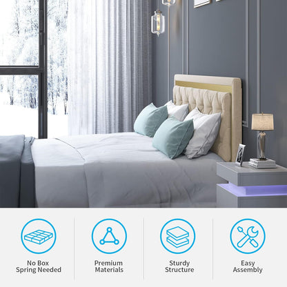 King Size Bed Frame, Upholstered Mattress Frame with Adjustable Headboard, Thin Velvet Bed Frame with Button Tufted Headboard for Bedroom (Beige)