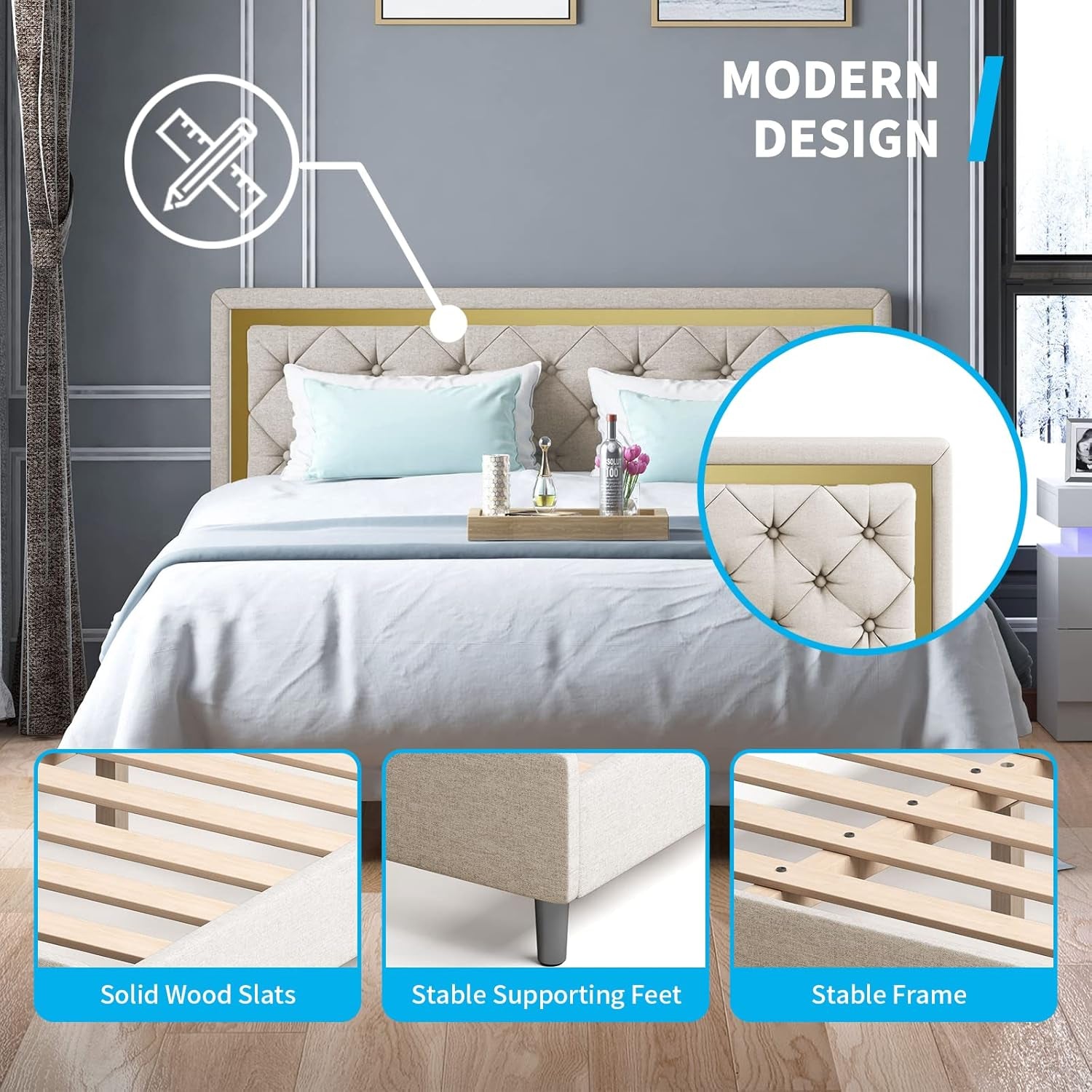King Size Bed Frame, Upholstered Mattress Frame with Adjustable Headboard, Thin Velvet Bed Frame with Button Tufted Headboard for Bedroom (Beige)