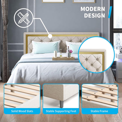 King Size Bed Frame, Upholstered Mattress Frame with Adjustable Headboard, Thin Velvet Bed Frame with Button Tufted Headboard for Bedroom (Beige)