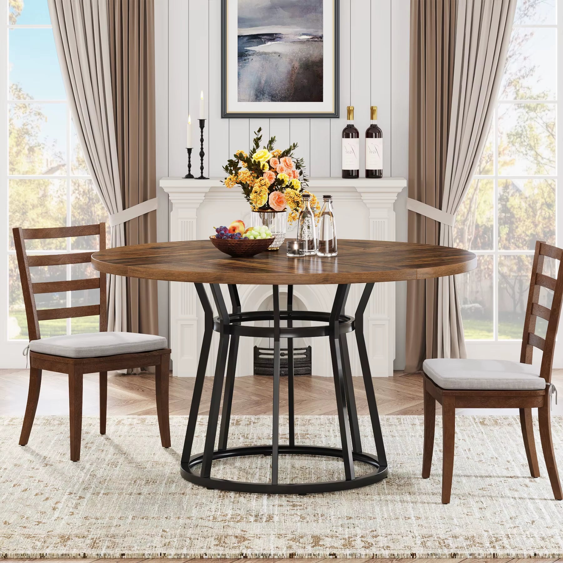 round Dining Table for 4 People, Circle Dining Room Table with Metal Base, 47.2-Inch round Kitchen Dinner Table