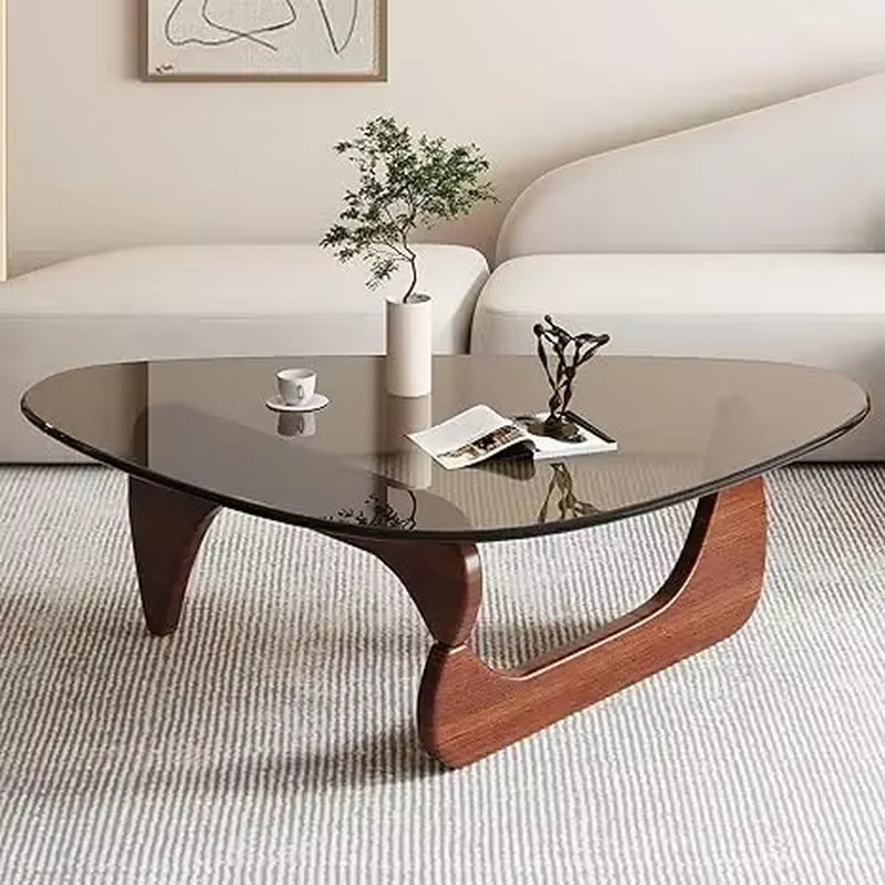 Coffee Tables for Living Room - Triangle Glass Coffee Table with Wooden Base Mid-Century Modern Abstract End Table