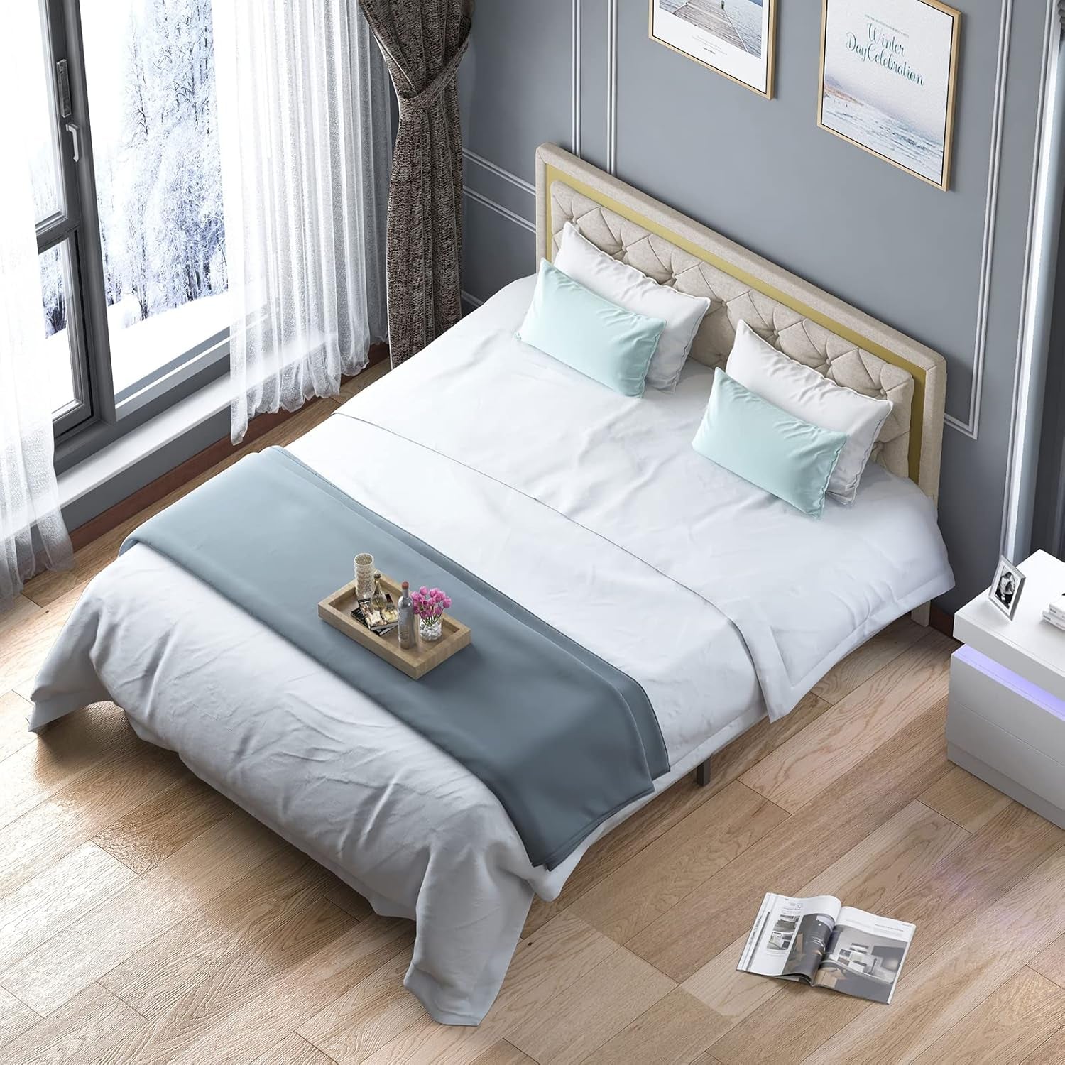 King Size Bed Frame, Upholstered Mattress Frame with Adjustable Headboard, Thin Velvet Bed Frame with Button Tufted Headboard for Bedroom (Beige)